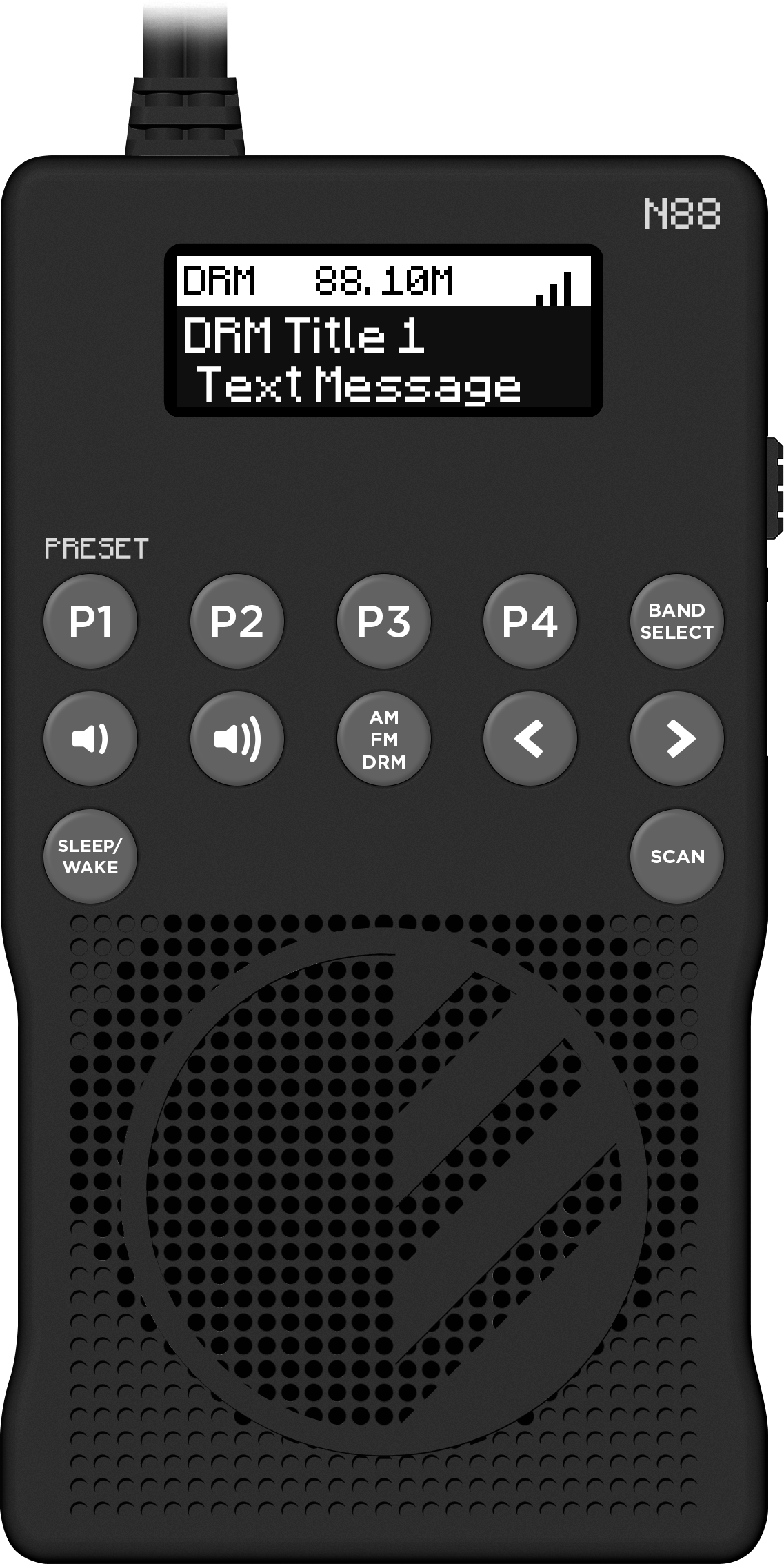 DRM (N88) front view showing the keypad and a screen that is turned on